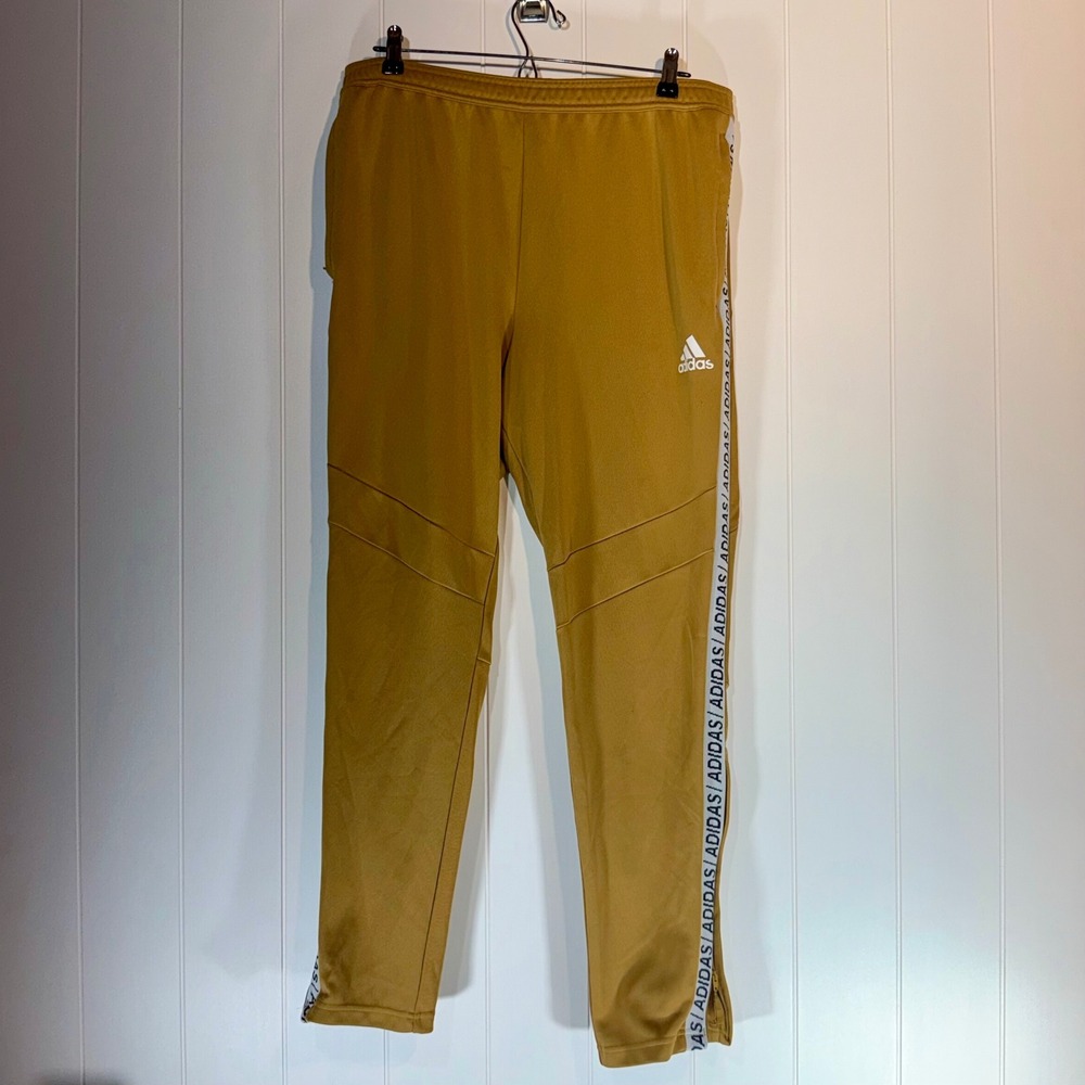 Adidas Mens XL Track Pants Mustard Yellow Tapered Joggers Logo Taping Side Zip